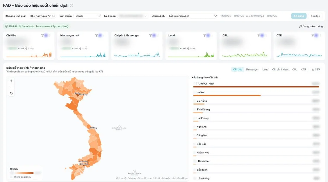 Báo cáo Meta Ads theo tỉnh thành của Gcalls trong dashboard InsightHub